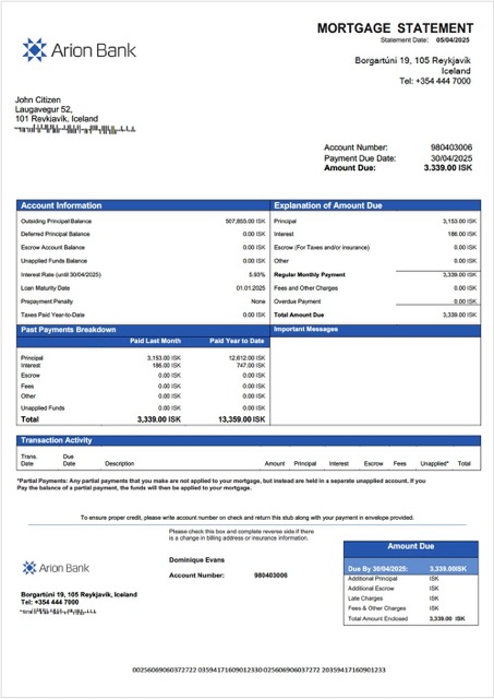 Download Iceland Arion Bank mortgage statement Word and PDF template Photoshop template
